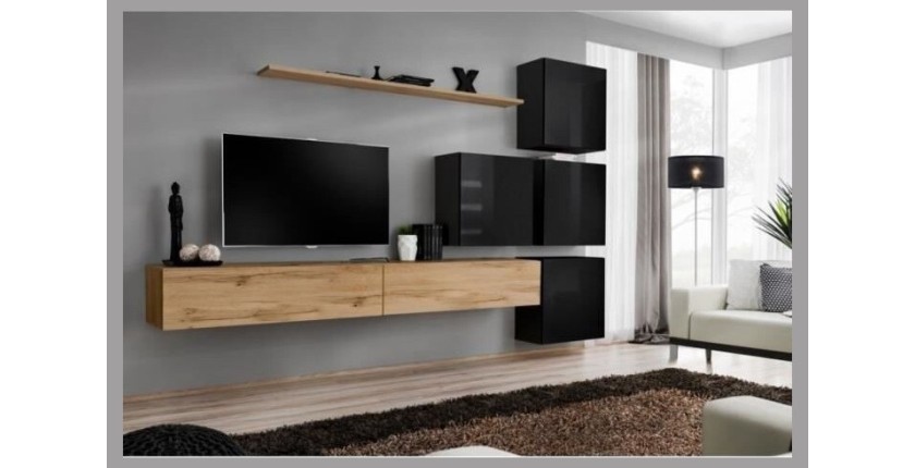 Ensemble meuble salon mural SWITCH IX design, coloris chêne Wotan et noir brillant.
