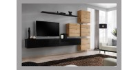 Ensemble meuble salon mural SWITCH IX design, coloris noir brillant et chêne Wotan.