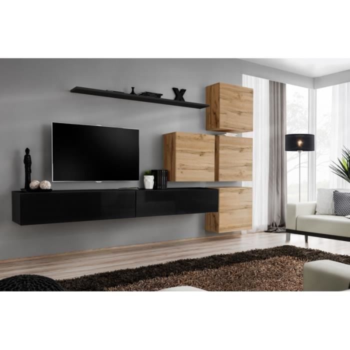 Ensemble meuble salon mural SWITCH IX design, coloris noir brillant et chêne Wotan.