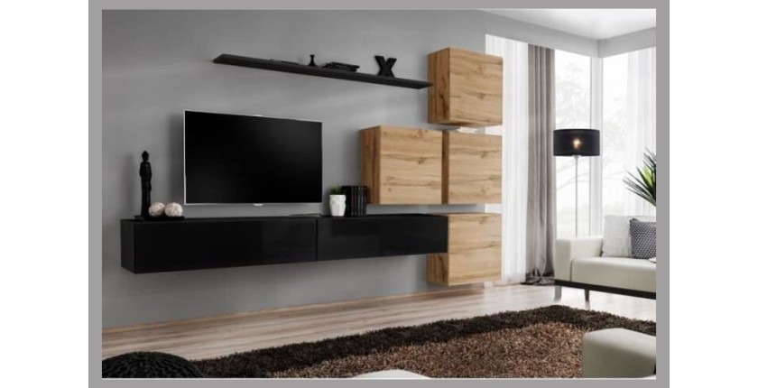 Ensemble meuble salon mural SWITCH IX design, coloris noir brillant et chêne Wotan.