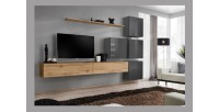 Ensemble meuble salon mural SWITCH IX design, coloris chêne Wotan et gris brillant.