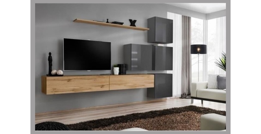 Ensemble meuble salon mural SWITCH IX design, coloris chêne Wotan et gris brillant.