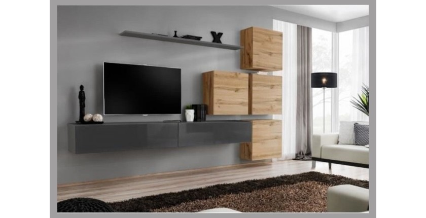 Ensemble meuble salon mural SWITCH IX design, coloris gris brillant et chêne Wotan.