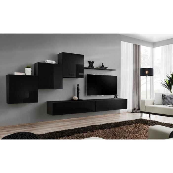Ensemble meuble salon mural SWITCH X design, coloris noir brillant.