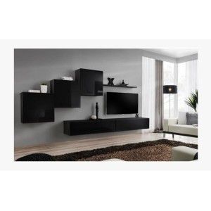 Ensemble meuble salon mural SWITCH X design, coloris noir brillant.