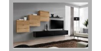 Ensemble meuble salon mural SWITCH X design, coloris noir brillant et chêne Wotan.