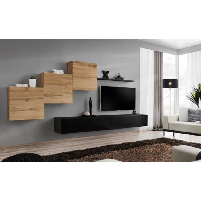 Ensemble meuble salon mural SWITCH X design, coloris noir brillant et chêne Wotan.
