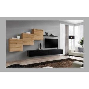 Ensemble meuble salon mural SWITCH X design, coloris noir brillant et chêne Wotan.