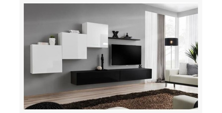 Ensemble meuble salon mural SWITCH X design, coloris noir et blanc brillant.