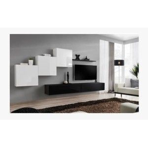 Ensemble meuble salon mural SWITCH X design, coloris noir et blanc brillant.