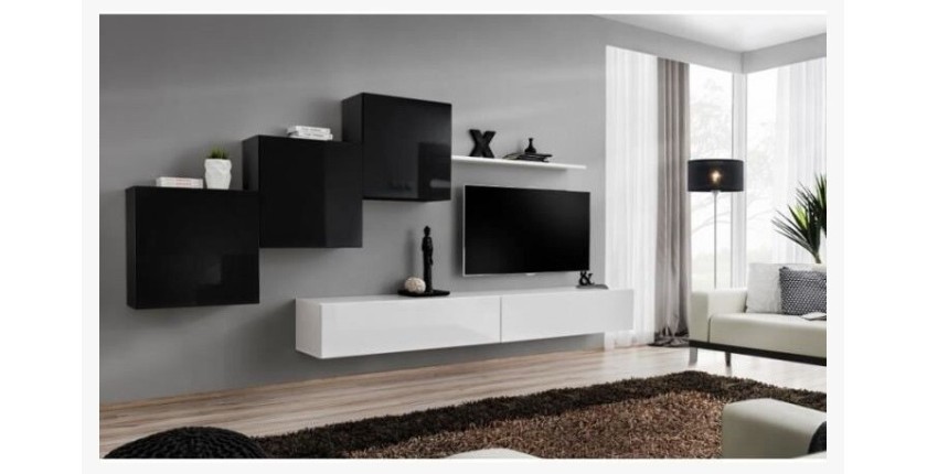 Ensemble meuble salon mural SWITCH X design, coloris blanc et noir brillant.