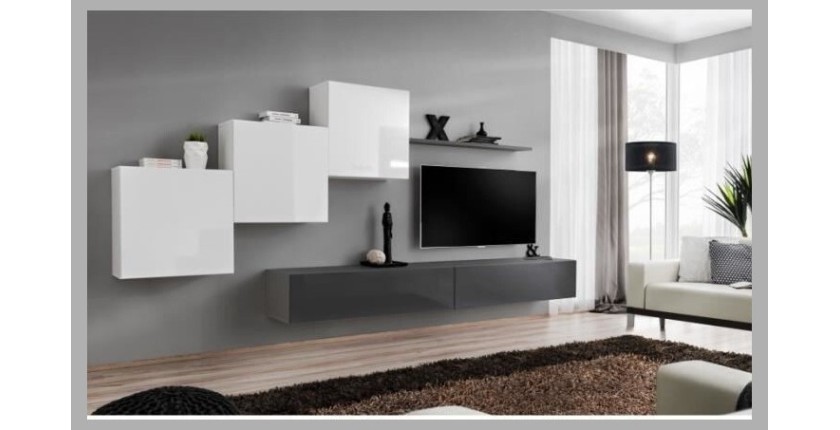 Ensemble meuble salon mural SWITCH X design, coloris gris et blanc brillant.