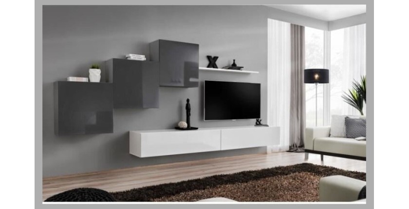Ensemble meuble salon mural SWITCH X design, coloris blanc et gris brillant.