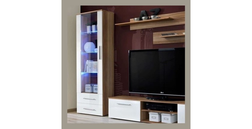 Meuble TV GALINO design, coloris prunier et blanc brillant. Meuble moderne et tendance pour votre salon.