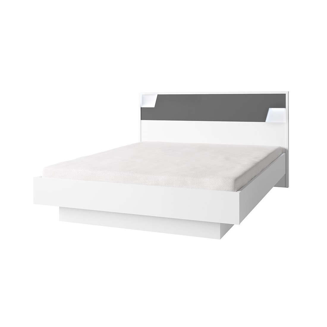 Lit 160X200 avec coffre de la collection FULMO. coloris blanc et finitions gris béton.