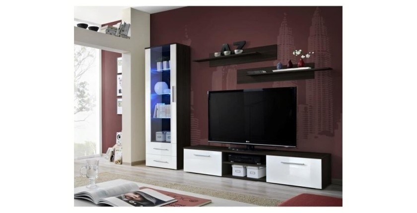 Meuble TV GALINO A design, coloris wengé et blanc brillant. Meuble moderne et tendance pour votre salon.