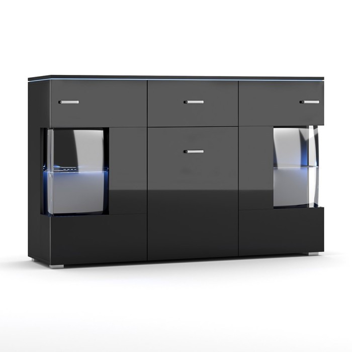 Buffet design KIELS 150 cm, 3 portes et 1 tiroir, coloris noir brillant + éclairage LED.