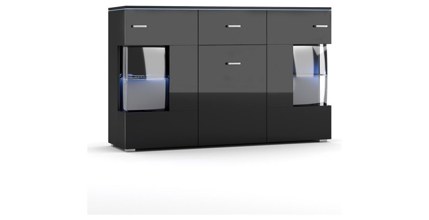 Buffet design KIELS 150 cm, 3 portes et 1 tiroir, coloris noir brillant + éclairage LED.