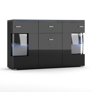 Buffet design KIELS 150 cm, 3 portes et 1 tiroir, coloris noir brillant + éclairage LED.