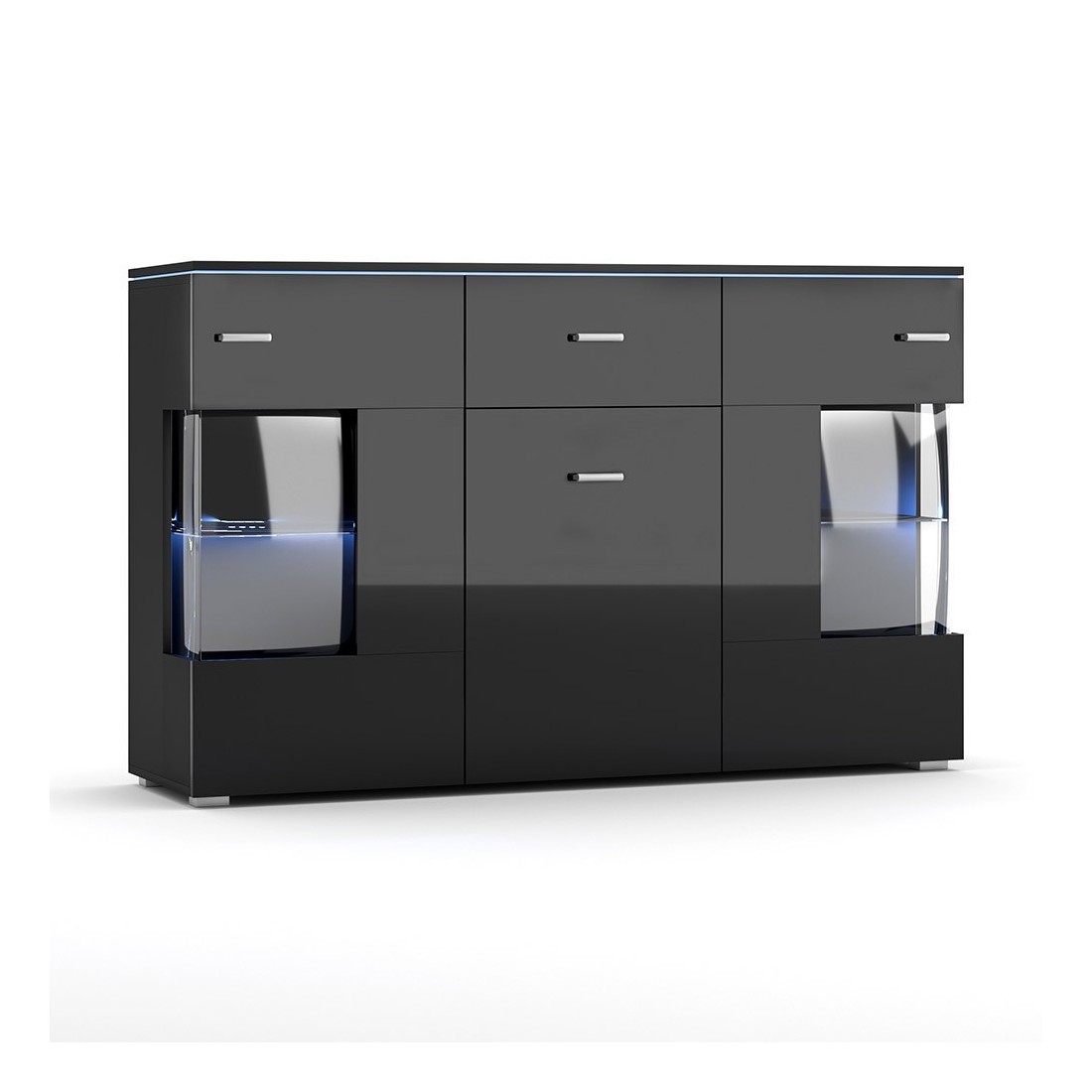 Buffet design KIELS 150 cm, 3 portes et 1 tiroir, coloris noir brillant + éclairage LED.