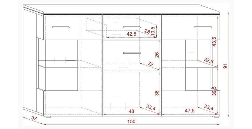 Buffet design KIELS 150 cm, 3 portes et 1 tiroir, coloris noir brillant + éclairage LED.