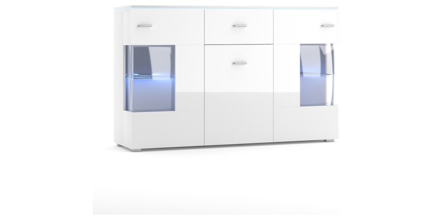 Buffet design KIELS 150 cm, 3 portes et 1 tiroir, coloris blanc brillant + éclairage LED.