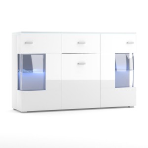 Buffet design KIELS 150 cm, 3 portes et 1 tiroir, coloris blanc brillant + éclairage LED.