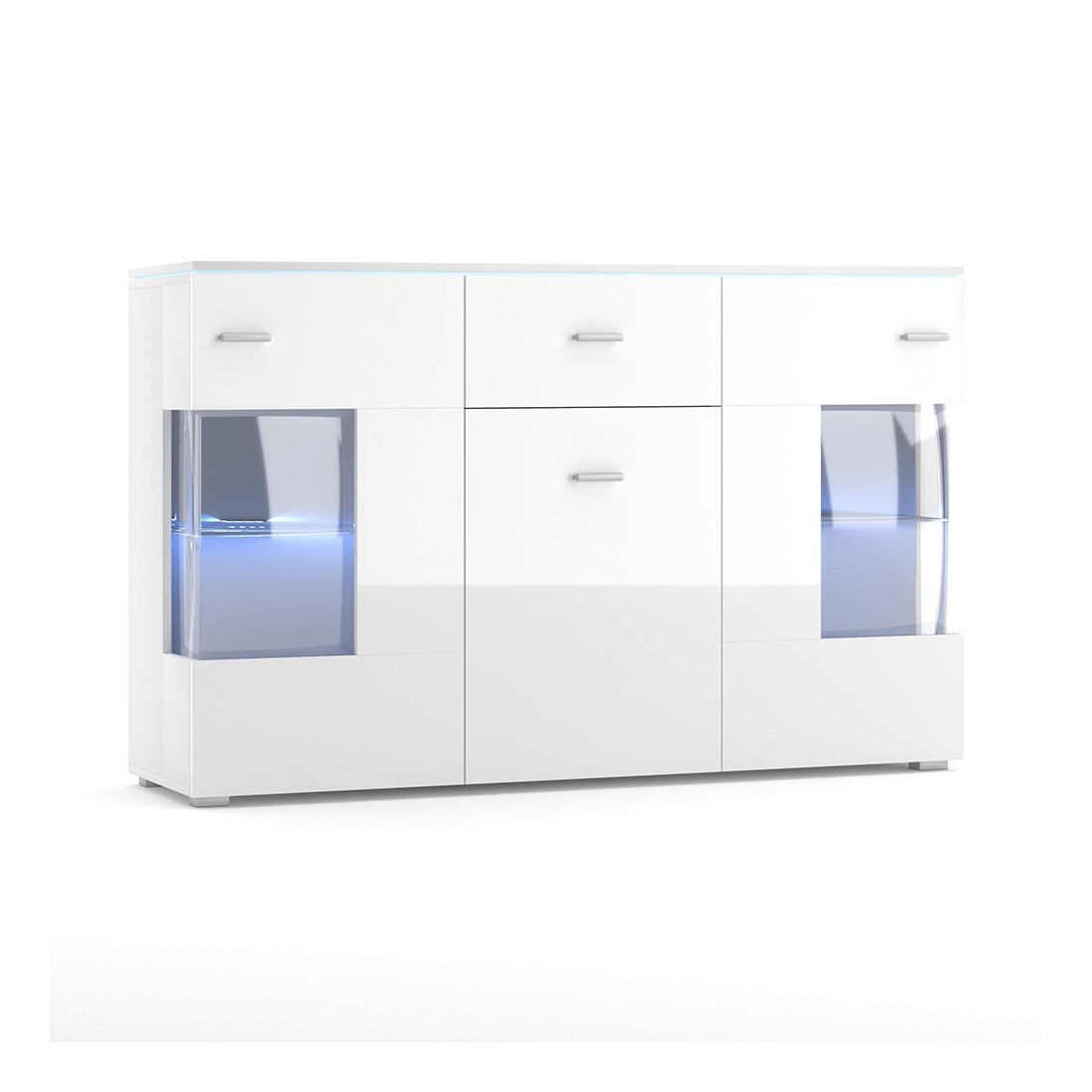 Buffet design KIELS 150 cm, 3 portes et 1 tiroir, coloris blanc brillant + éclairage LED.