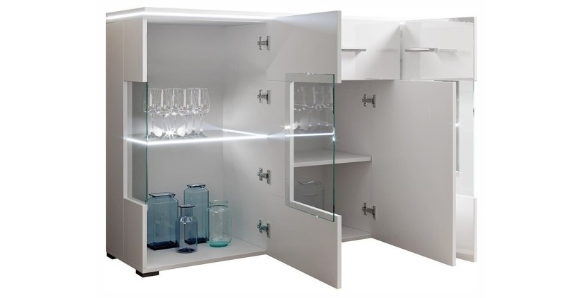 Buffet design KIELS 150 cm, 3 portes et 1 tiroir, coloris blanc brillant + éclairage LED.