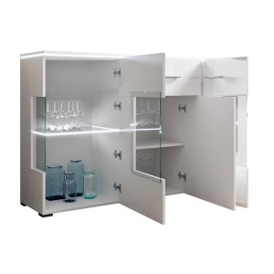 Buffet design KIELS 150 cm, 3 portes et 1 tiroir, coloris blanc brillant + éclairage LED.
