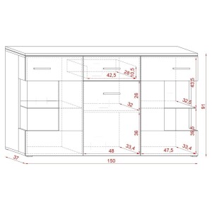 Buffet design KIELS 150 cm, 3 portes et 1 tiroir, coloris blanc brillant + éclairage LED.