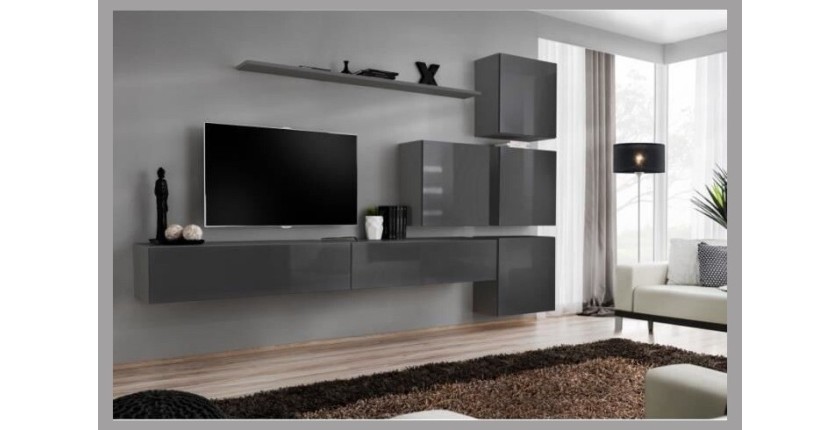 Meuble TV mural SWITCH IX design, coloris gris brillant.