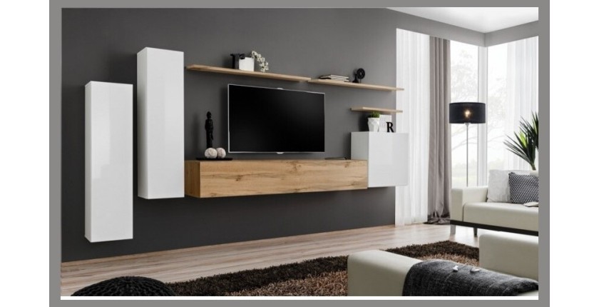 Ensemble de meubles de salon collection SWITCH I design, coloris blanc brillant et chêne Wotan.