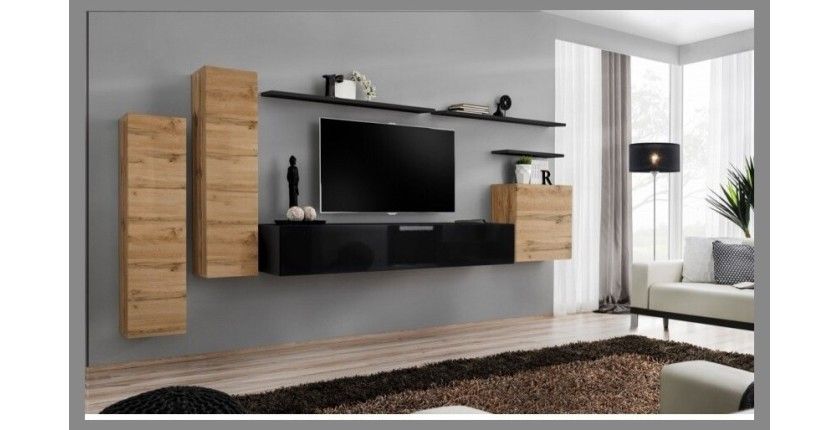 Ensemble meuble salon SWITCH I design, coloris chêne Wotan et noir brillant.