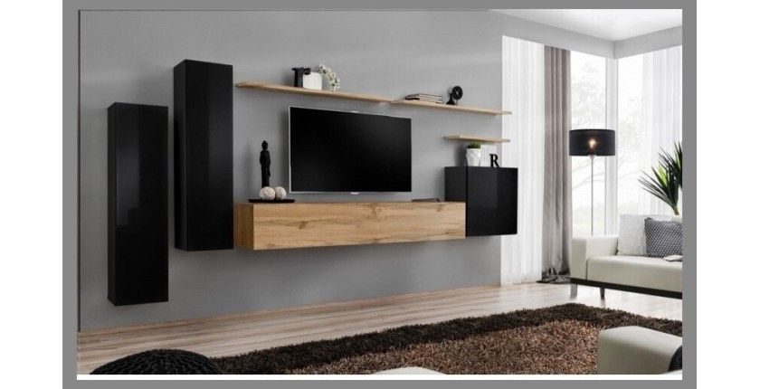 Ensemble meuble salon SWITCH I design, coloris noir brillant et chêne Wotan.