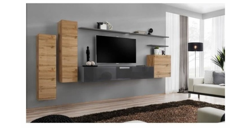 Ensemble meuble salon SWITCH I design, coloris gris brillant et chêne Wotan.
