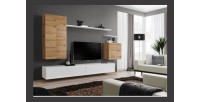 Ensemble meuble salon SWITCH II design, coloris chêne Wotan et blanc brillant.