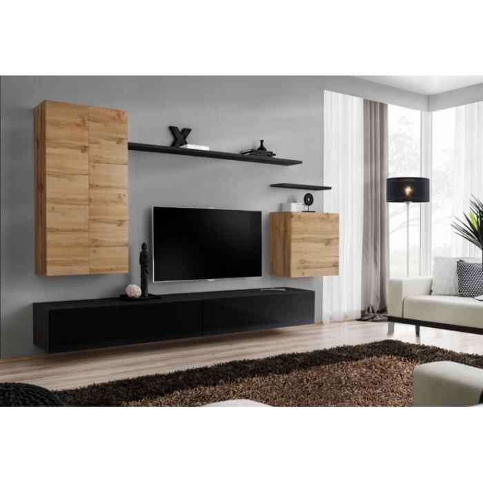 Ensemble de meubles de salon collection SWITCH II design, coloris chêne et noir brillant.