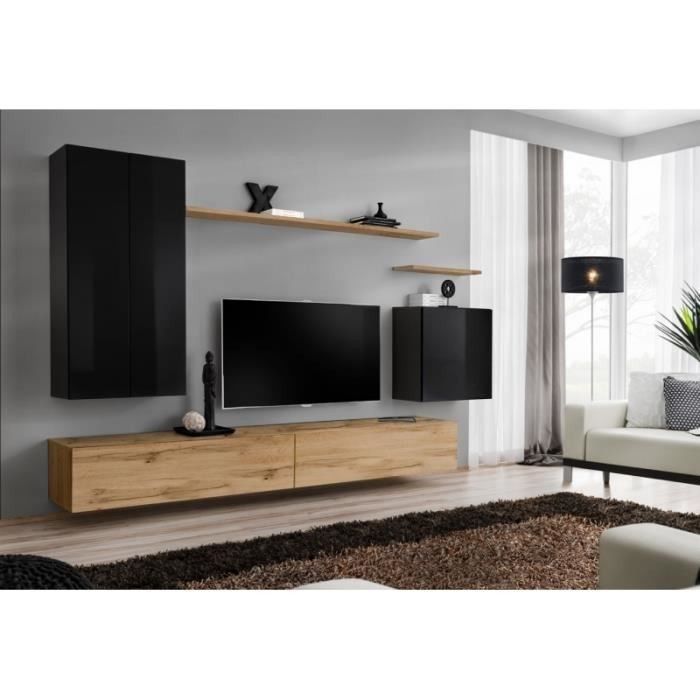Ensemble de meubles de salon collection SWITCH II design, coloris noir brillant et chêne Wotan.
