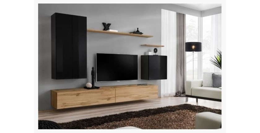Ensemble de meubles de salon collection SWITCH II design, coloris noir brillant et chêne Wotan.