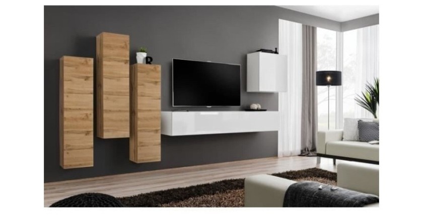 Ensemble de meubles de salon design collection SWITCH III. Coloris chêne wotan et blanc brillant.