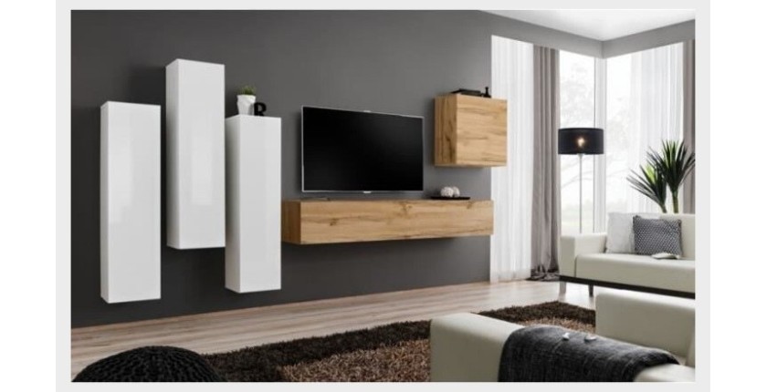 Ensemble de meubles de salon design collection SWITCH III. Coloris blanc brillant et chêne Wotan