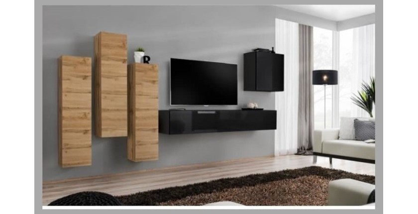 Ensemble de meubles de salon design collection SWITCH III. Coloris chêne wotan et noir brillant.