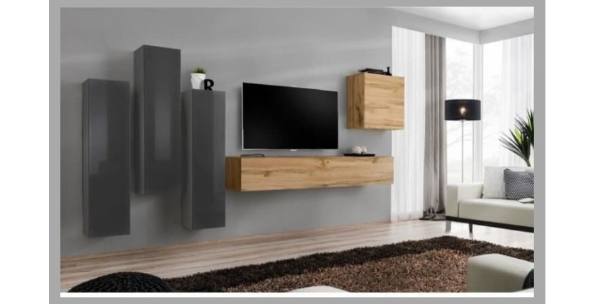 Ensemble de meubles de salon design collection SWITCH III. Coloris gris brillant et chêne Wotan