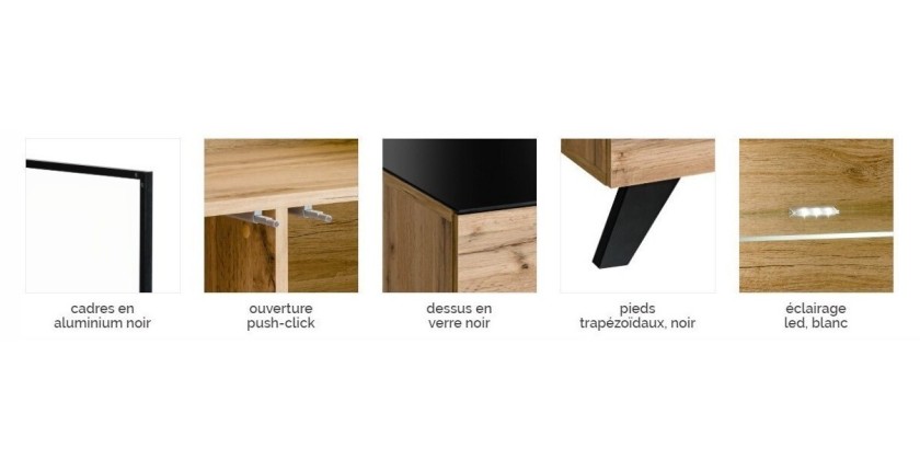 Meuble tv TINO. Idéal pour votre salon. Look tendance type industriel, bois, verre et métal.