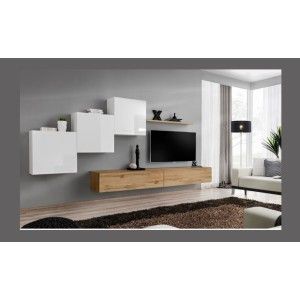 Ensemble meuble salon mural SWITCH X design, coloris chêne Wotan et blanc brillant.