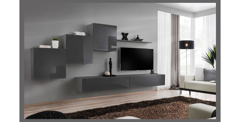 Ensemble meuble salon mural SWITCH X design, coloris gris brillant.