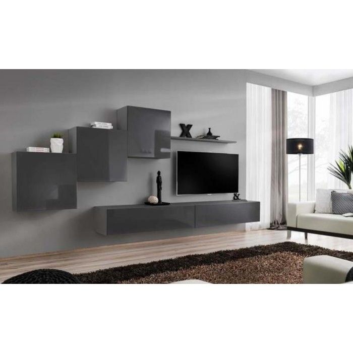 Ensemble meuble salon mural SWITCH X design, coloris gris brillant.