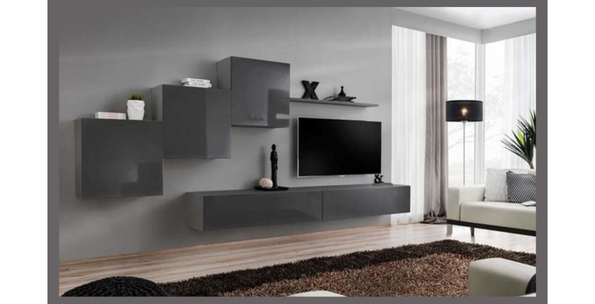 Ensemble meuble salon mural SWITCH X design, coloris gris brillant.