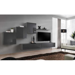 Ensemble meuble salon mural SWITCH X design, coloris gris brillant.